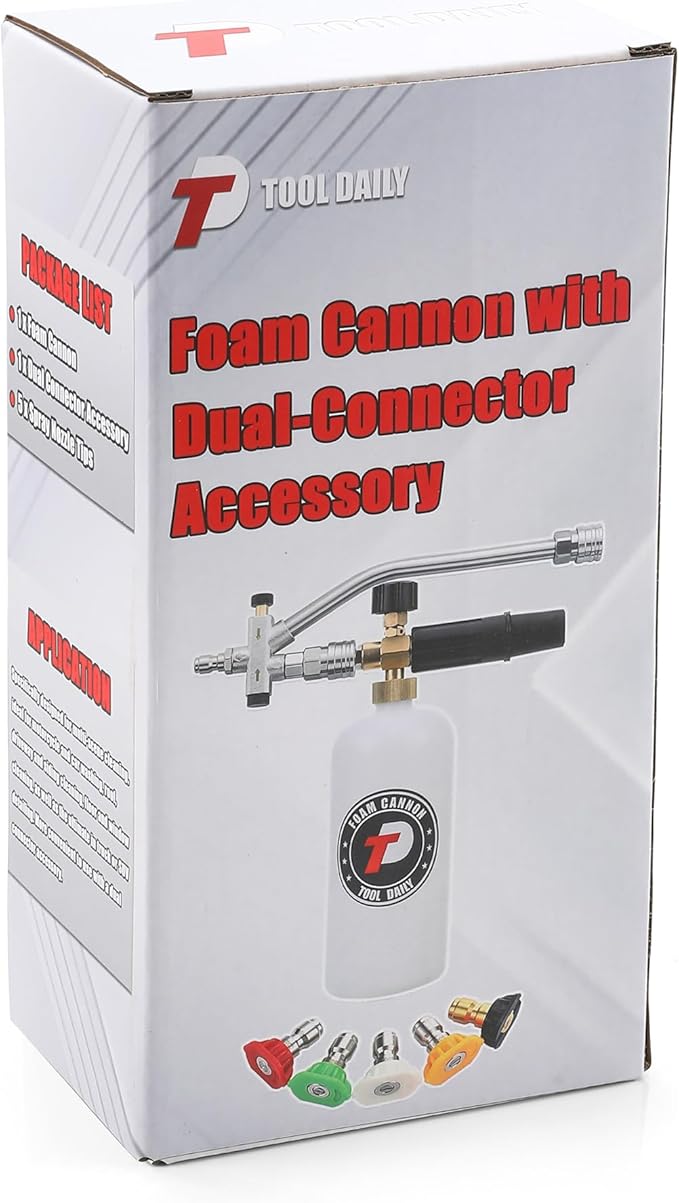 Tool Daily Foam Cannon with Dual Connector Accessory, 1/4 Inch Quick Connector, 5 Pressure Washer Nozzle Tips, 1 Liter
