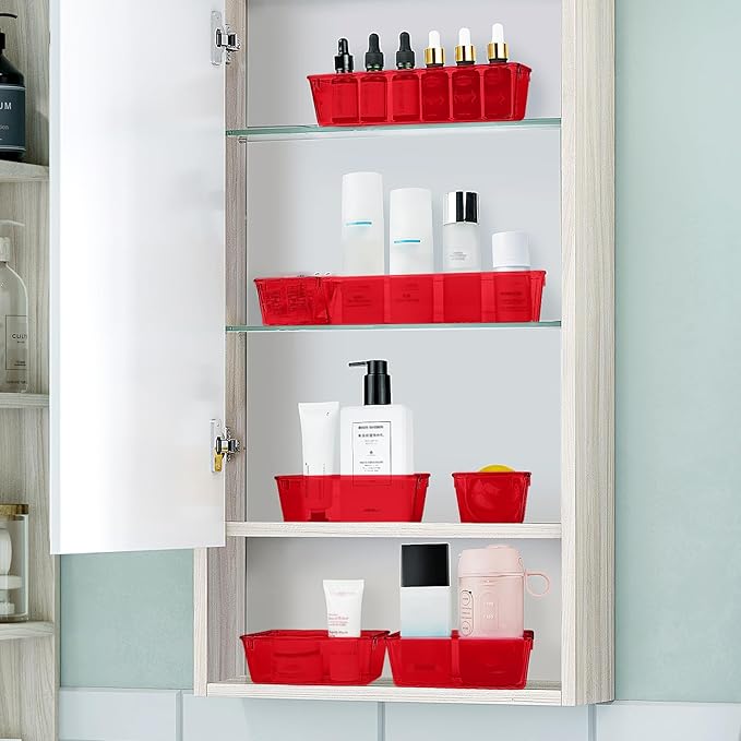 WOWBOX 25 PCS Plastic Drawer Organizer Set, 4 Sizes Desk Drawer Divider Organizers and Storage Bins for Makeup, Jewelry, Gadgets for Kitchen, Bedroom, Bathroom, Office, Clear Red