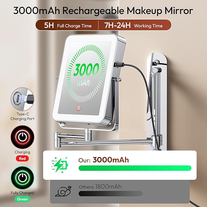 Height Adjustable Wall Mounted Lighted Makeup Mirror