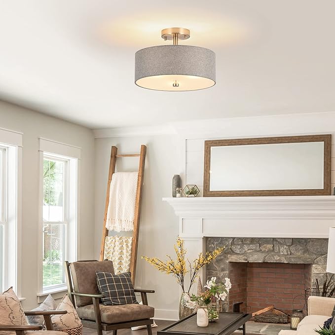 3-Light Semi Flush Mount Ceiling Light Fixture, 13" Modern Drum Light with Grey Fabric Shade, Close to Ceiling Lighting Hanging Lamps for Bedroom Living Room Dining Room Kitchen Hallway
