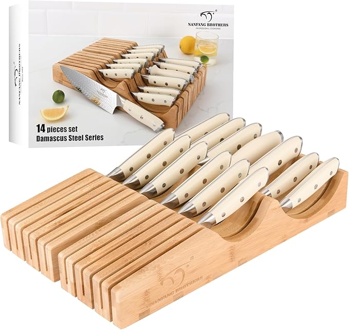 NANFANG BROTHERS Damascus Kitchen Knife Set,14 Pieces Drawer Knife Set,ABS Ergonomic Handle for VG10 Steel Professional Chef Knives Set with Block and Steak Knives