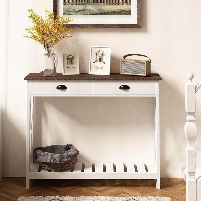 ChooChoo Farmhouse Console Table with Drawer for Entryway, Narrow Long Entry Table with Shelf for Living Room, Rustic Vintage Hallway Sofa Table with Stable X Supports, 40 White