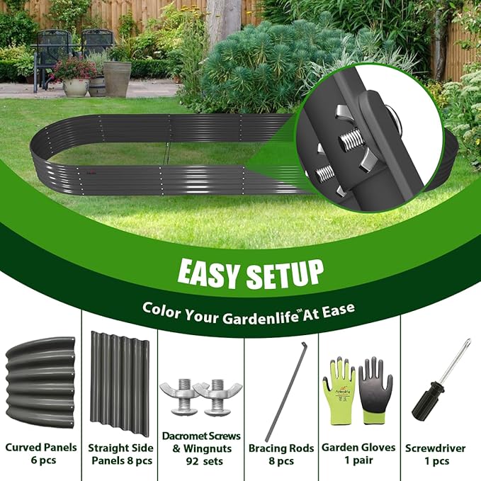 A ANLEOLIFE 12X3X1.5 ft Galvanized Raised Garden Beds Outdoor, Oval Extra Large Metal Planter Box for Planting Vegetables Flowers Herb, Anti-Rust & Easy-Setup, Quartz Grey