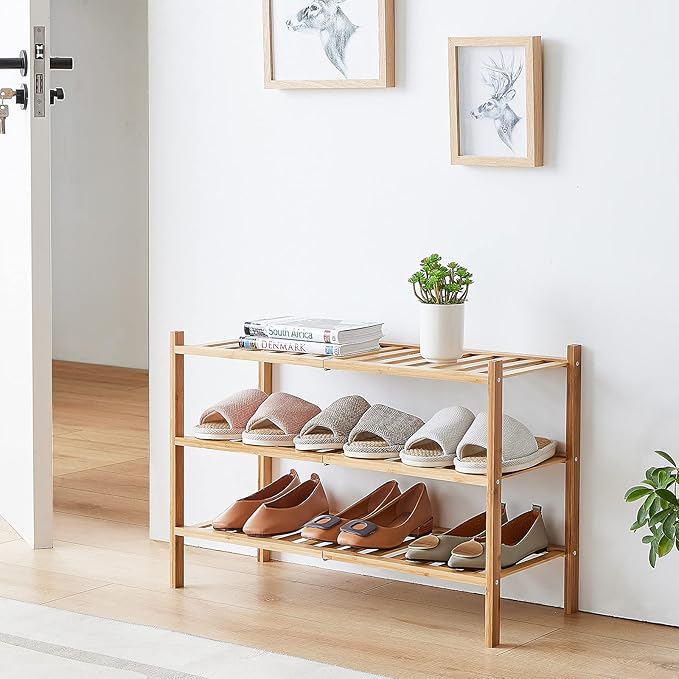 6-Tier Bamboo Shoe Rack for Entryway, Stackable | Foldable | Natural, Shoe Organizer for Hallway Closet, Free Standing Shoe Racks for Indoor Outdoor