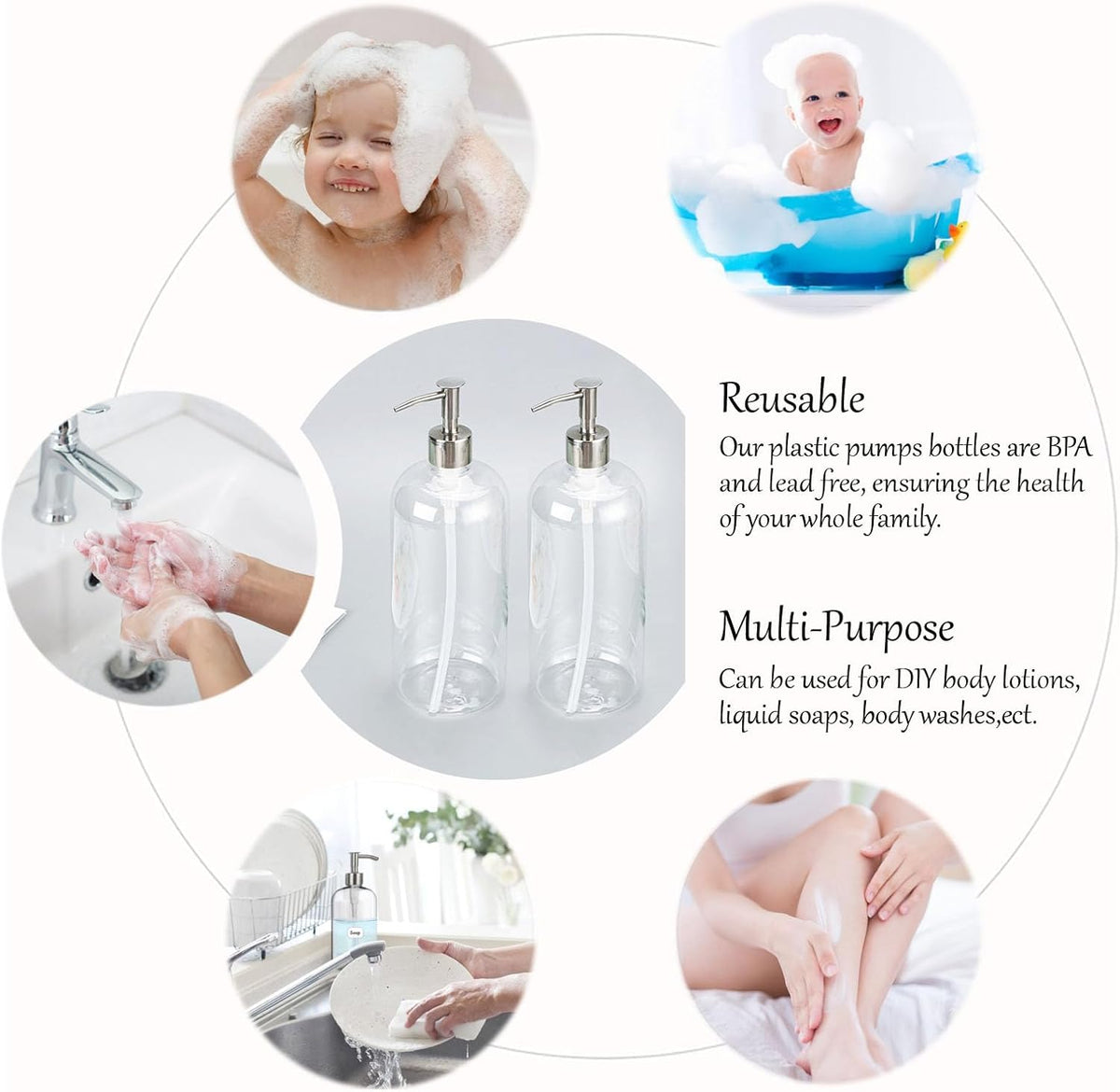 Refillable 32oz Dispenser Plastic Bottle 2pack with Steel Pumps, 1 Liter Crystal Clear Multi-Use Empty Container with Funnel for Shampoo, Conditioner, Body Wash, Liquid Hand Soap, Lotion