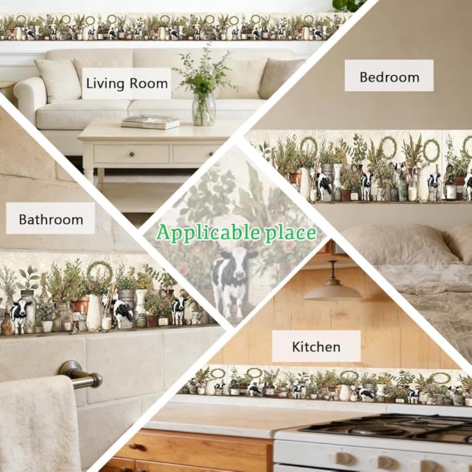 Farmhouse Wallpaper Border Wall Border Trim Peel and Stick 19.7 x 4 Inch Cattle