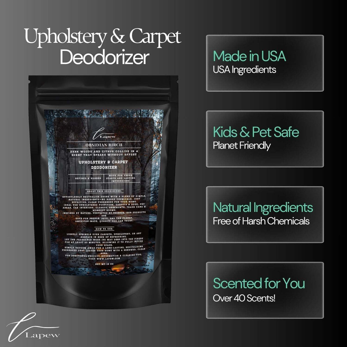 Obsidian Birch Carpet Freshener Powder: Powerful Odor Eliminator for Home, Upholstery Deodorizer, Carpet Deodorizer, Pet Urine - Birch & Black Pepper Fragrance