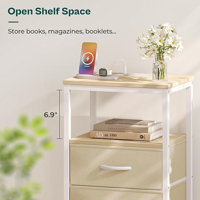 Huuger Nightstand with Charging Station, Side Table with Fabric Drawers, End Table with Open Shelf, Bedside Table with USB Ports and Outlets, Night Stand for Bedroom, White Marple