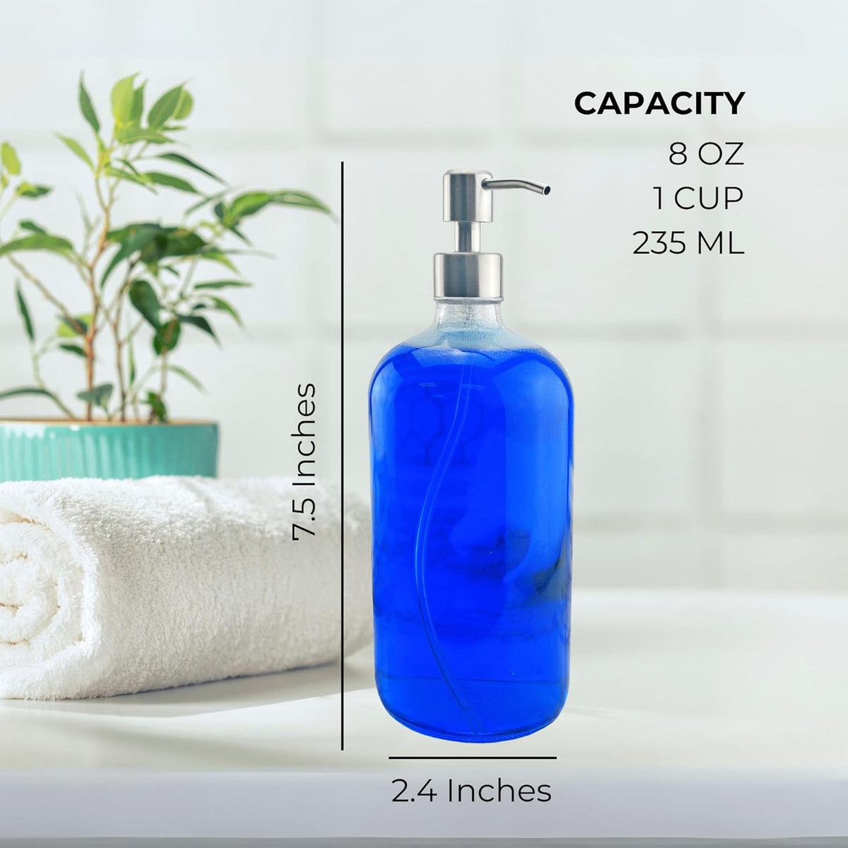 Cornucopia Brands 8-Ounce Clear Glass Boston Round Bottles w/Stainless Steel Lotion Pumps (4-Pack); Empty Refillable Liquid Soap & Lotion Bottles