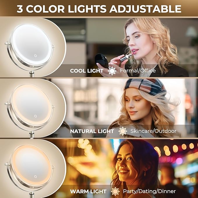 8" Wall Mounted Lighted Makeup Mirror, 3000mAh Rechargeable Double Sided 1X/10X Magnifying Mirror with Hook, 3 Color Lights Touch Dimmable 360° Rotation Vanity Mirror for Bathroom