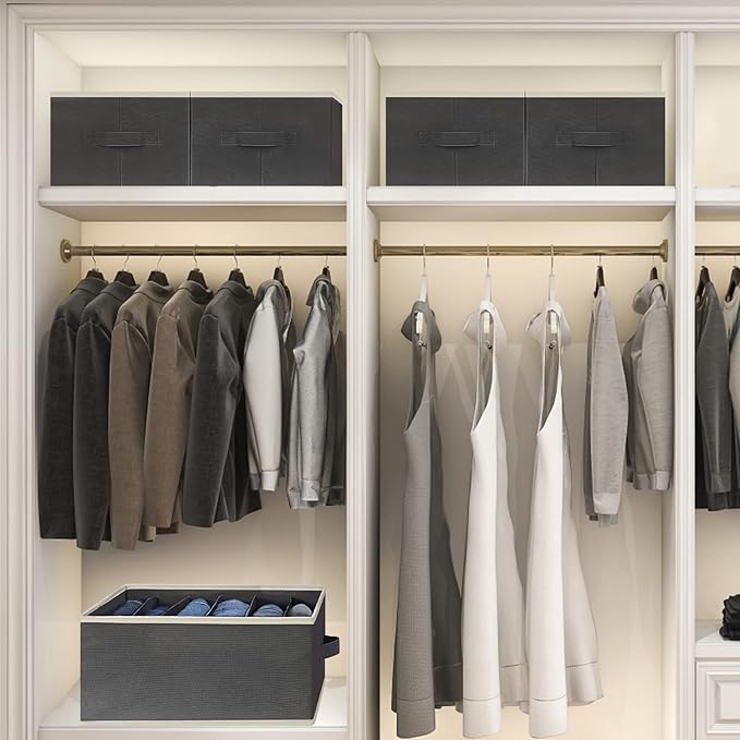 3 Pcs Large Size Wardrobe Clothes Organizers 6 Grids for Pants, Jeans, Sweater, T-shirt, Dress Stackable Closet Drawer Organizer Storage Bin Container with Sturdy Handles, Black