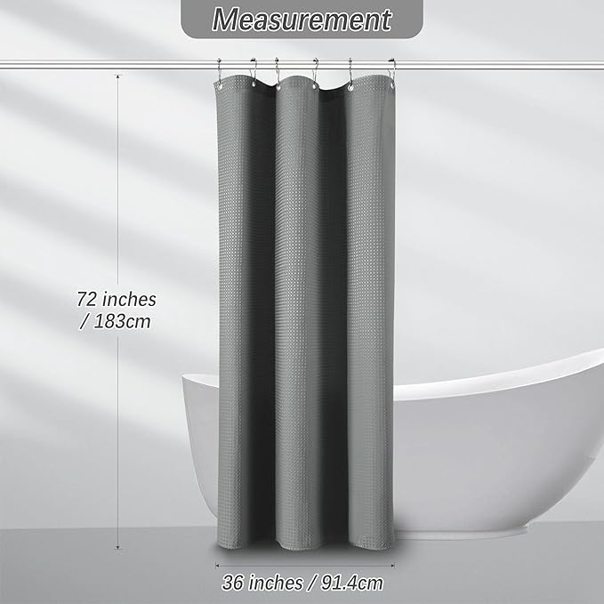 Gray Shower Curtain Waffle Weave 36 Inches Heavy Duty Stall Fabric Shower Curtain Set for Bathroom, Waterproof Weighted 256GSM Half Size Shower Curtains with 6 Hooks, 36Wx72H Grey