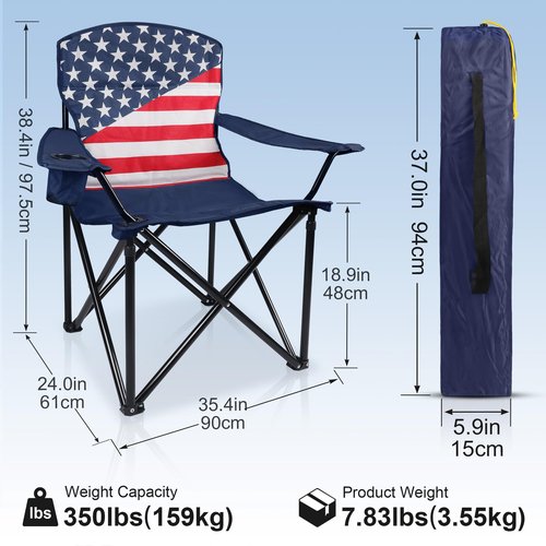 Folding Camping Chairs 2 Pack:Oversized Padded Lawn Chair for Adult,Collapsible for Outdoor,Camp,Fishing & Garden,350-lbs Capacity,American Flag