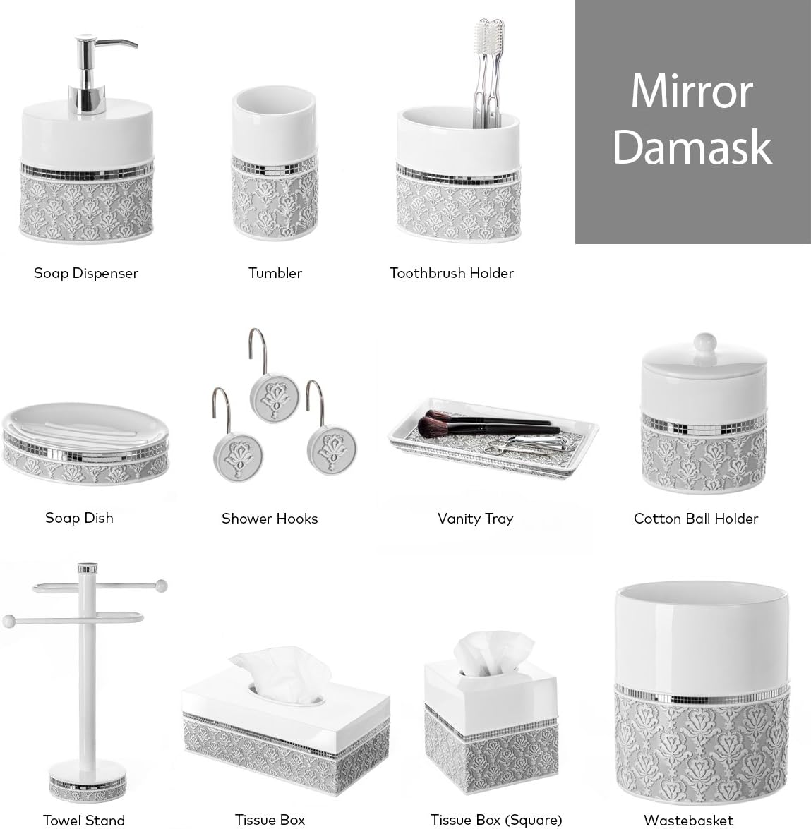 Creative Scents Mirror Damask Qtip Holder - Decorative Qtip Holder Canister Jar, Durable Cotton Swab Ball Holder/Container - Bathroom Vanity Accessories (Gray & White)