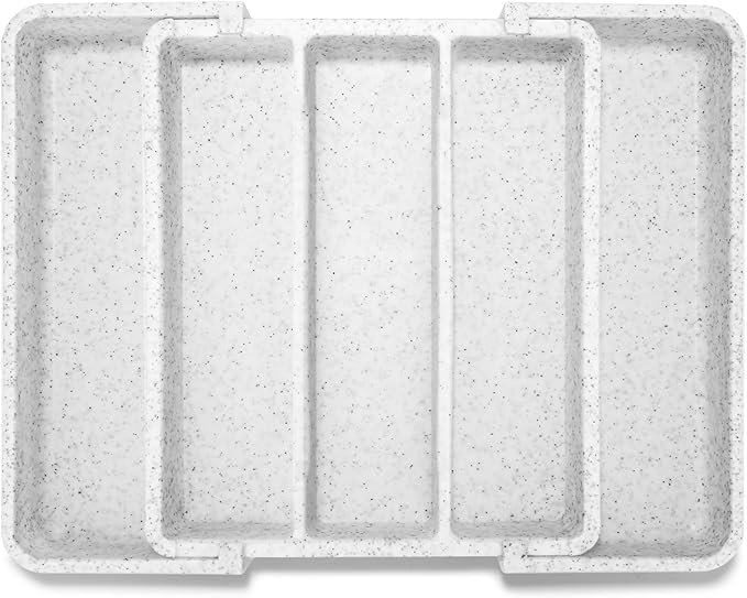 Expandable Large Silverware Organizer, Utensil Drawer Organizer for Kitchen Cutlery, Marble Design, Adjustable Cooking Utensil Tray, Plastic Spatula Tools and Gadgets Storage Divider, White