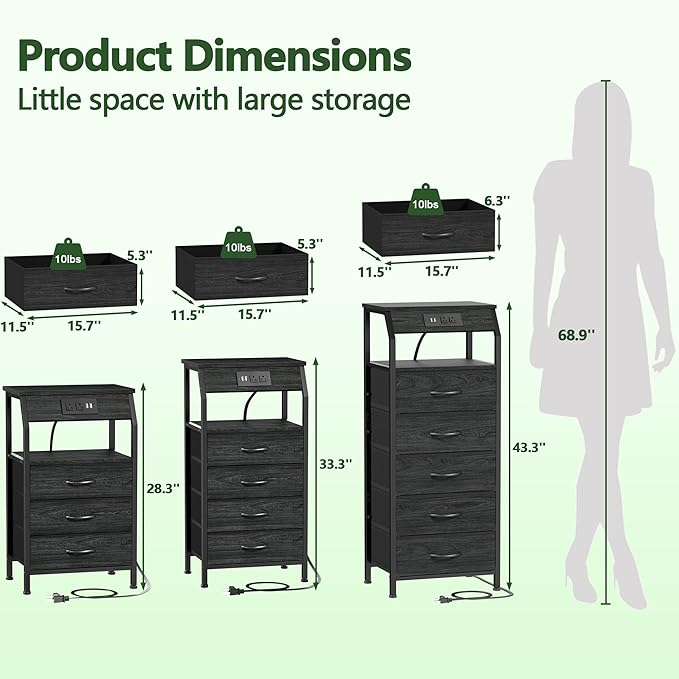 Furnulem 5 Drawers Dresser with Charging Station, Fabric Chest of Drawers with Open Shelf, Tall Night Stand, Bedside Table for Closet, Entryway, Bedroom Furniture, 3 Ways to Use, Black Oak