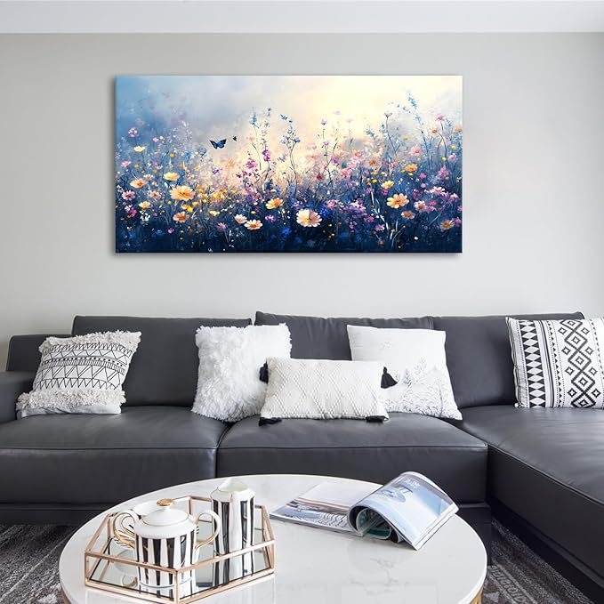 JLXART Canvas Wall Art Colorful Wildflower With Butterflies Wall Decor Purple and Yellow Poppy Floral Artwork Flowers Prints Paintings for Living Room Home Decorations,24x48inch