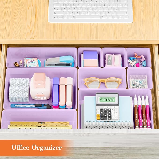 25 PCS Plastic Drawer Organizer Set, 4-Size Versatile Organizer Trays & storage Bins for Makeup, Jewelry, and Gadgets in Bathroom, Bedroom and Office, Purple