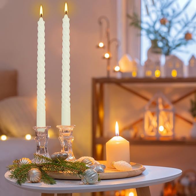 12 Pack 10 inch Ivory Spiral Taper Candles - Dripless, Smokeless, Unscented - 7 Hour Long Burning - Hand Poured Tall Candlesticks - Perfect for Dinner,Party,Wedding and Home Decoration.
