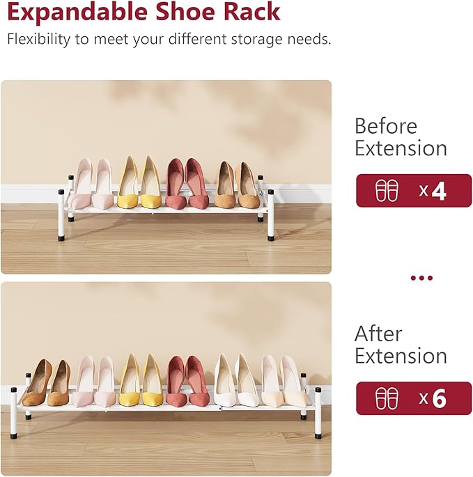 Tajsoon Expandable Shoe Rack for Closet 1 Tier, 28“-41“Adjustable & Stackable Shoe Shelf Storage, Metal Shoe Rack Organizer for Front Door Entrance, Closet, Garage, Entryway, White
