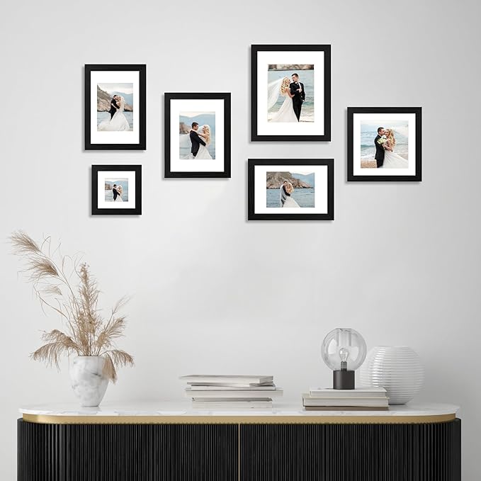 10x10 Picture Frame Set of 4 with HD Glass, Black Frames Display 8x8 Picture with Mat or 10 x 10 Without Mat, Photo Frames for Tabletop Display and Wall Mounting