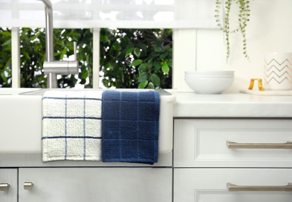 100% Cotton Terry Dish Cloth & Dish Towel, 6 Pack, Super Soft and Absorbent Kitchen Towels, Perfect for Kitchen Cleaning and Dish Washing (Navy (Solid and Check) 8 Pack)