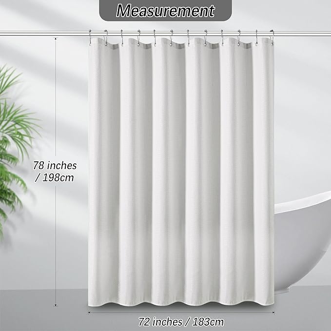Long White Shower Curtain Waterproof Large Heavy Duty Fabric Shower Curtains for Bathroom, Machine Washable Tall 256GSM Modern for Spa Hotel with 12 Metal Hooks, 72Wx78H