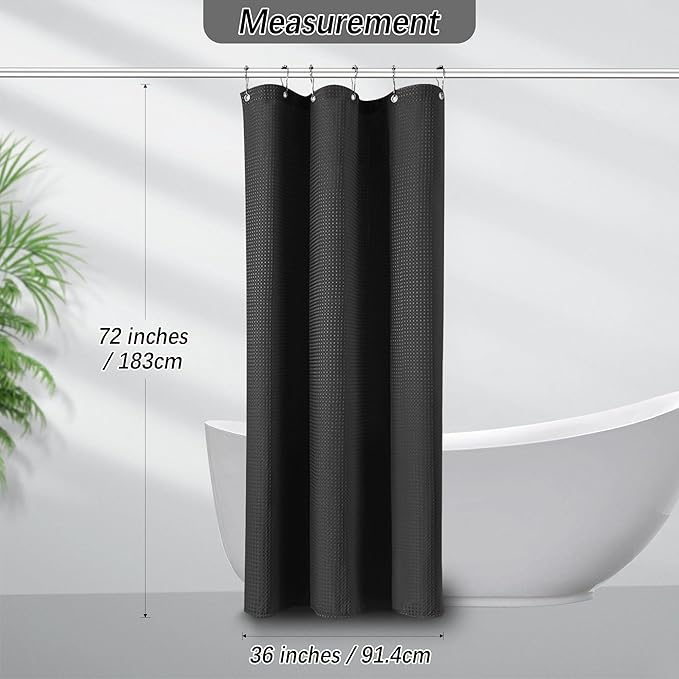 Black Stall Fabric Shower Curtain - Water Repellent Waffle Textured 256GSM Heavy Duty Cloth Shower Curtains for Bath Tubs, Narrow Size Hotel Quality with 6 Hooks, 36Wx72H