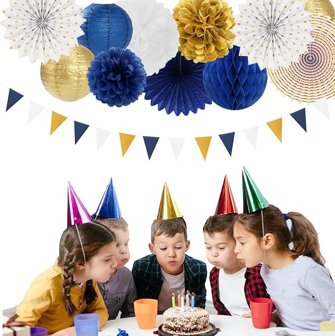 Navy-Blue White Gold Party-Decorations - 20pcs Graduation 2025 Paper Lanterns Fans,Tissue Pom Poms,Honeycomb Ball,Birthday Bridal Celebration Bachelorette Baby Shower Wedding Homecoming Decor Burgleda