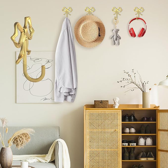 4 PCS Large Size Gold Bow Wall Hook, Metal Hooks, Bow Room Decor Hooks