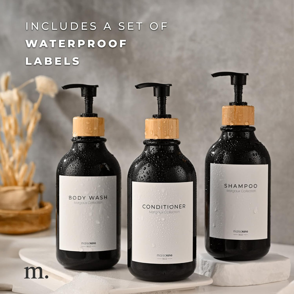 MaisoNovo Refillable Shampoo and Conditioner Bottles | 16.9 fl oz Set of 3 Black Plastic Bottles Black Bamboo Pumps