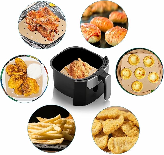 Air Fryer Parchment Paper Liners: 200PCS 8.5 inch Square Perforated parchment paper for Air Fryer, Premium Bamboo Steamer Liner for Air Fryers Baking Cooking Oven