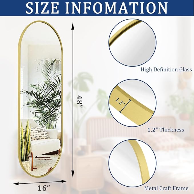 Large Oval Full Length Mirror, Pill Shaped Oblong Bathroom Wall-Mounted Mirrors
