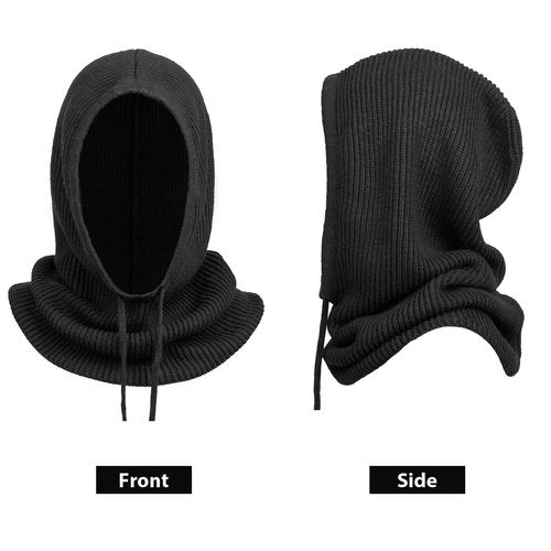 Hooded Scarf Hat Knit Balaclava Women Beanie Skull Cap with Drawstring Warm Winter Hats for Women Men Outdoor Sports