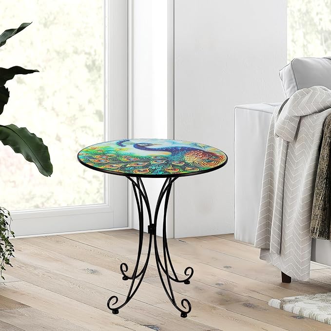 18 Inch Outdoor Side Table, Peacock Metal Accent Table, Indoor Small Round End Tables, Plant Stand Tables for Outside Yard Balcony Garden Bedside