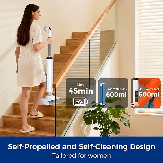 Wet Dry Vacuum Mop, 180°Lay-Flat Cordless Vacuum Mop All in One, Floor Cleaner Machine, 45 Minutes Long Runtime Electric Mop, 158℉ Self-Cleaning, Edge Cleaning, Self-Propelled Vacuum Mop Combo