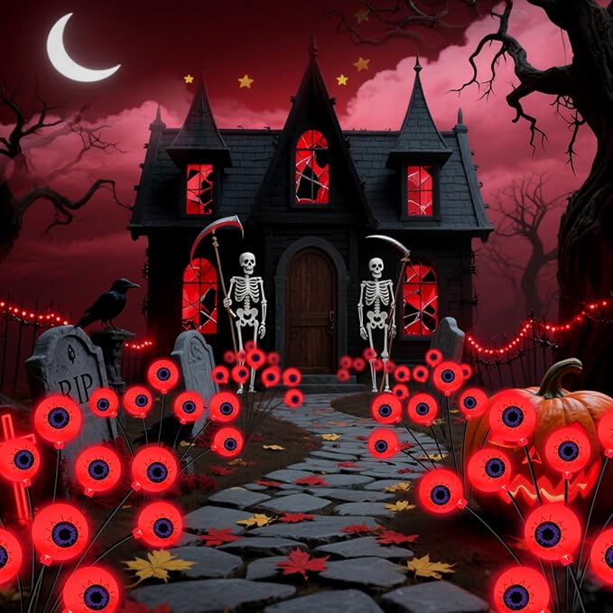 Halloween Decorations Outdoor, 6 Pack 36 LED Solar Red Scary Eyeball Swaying Lights, Red Solar Firefly Light Waterproof Outdoor Garden Lights for Halloween Yard Garden Party