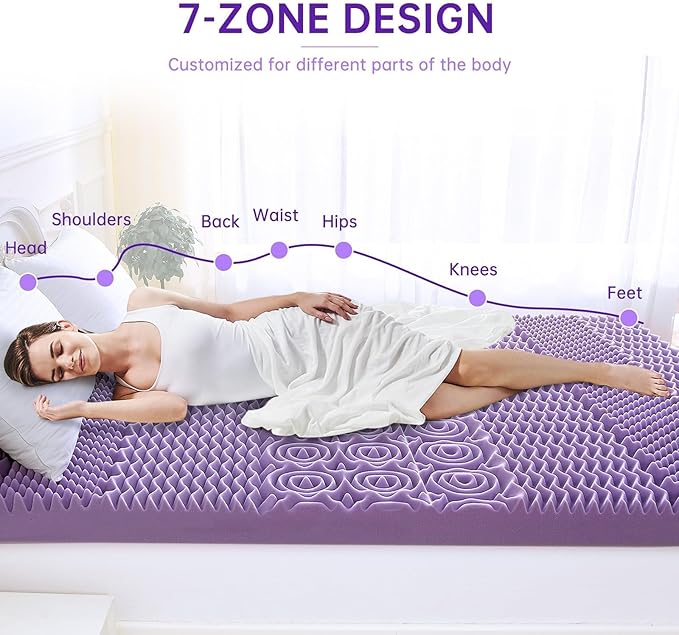 MUXHOMO 3 Inch 7-Zone Twin XL Mattress Topper, Egg Crate Foam Mattress Topper Twin XL Size for Back Pain, Lavender Cooling Gel Infused Bed Pad, CertiPUR-US and Oeko-TEX Certification (79"×38")