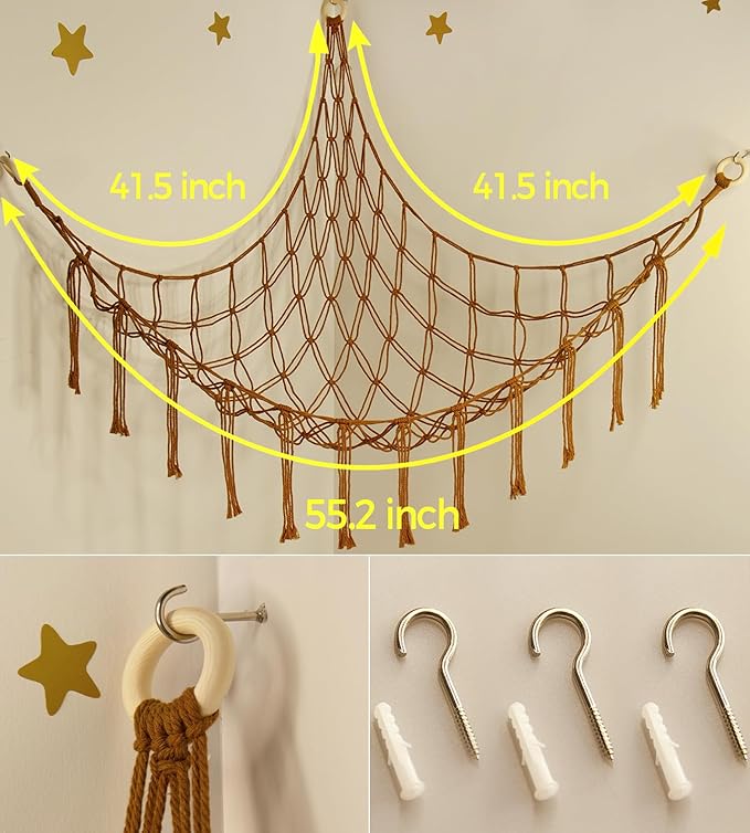 Stuffed Animal Hammock-Large Stuffed Animal Net For Toys Corner-Hanging Stuff Animal Toy Storage Organizer For Plush Plushie Display Caramel Toy Storage Girl Room Bedroom Boho Nursery Decor