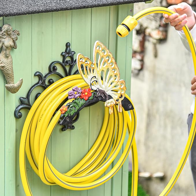 Sungmor Cast Iron Garden Hose Holder, Heavy Duty Wall Mounted Hose Hanger, Decorative Butterfly Water pipe Organizer, Hose Reel Rack for Outside, Garden Yard Decor