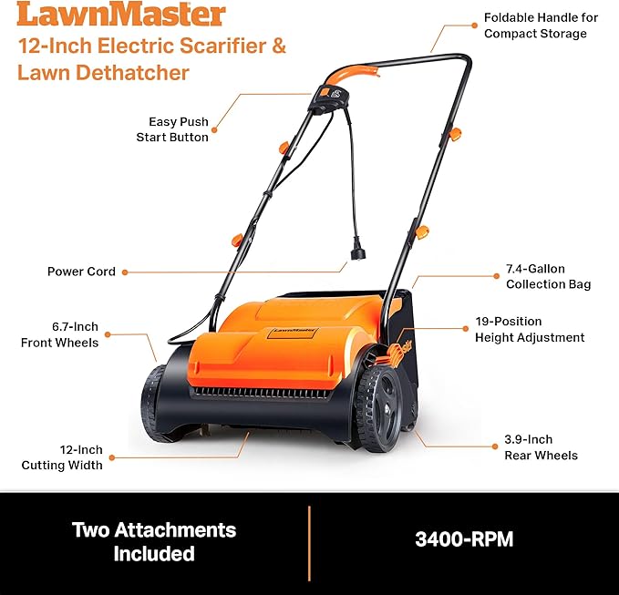 LawnMaster GV1212B Scarifier and Dethatcher 13-Inch 12AMP