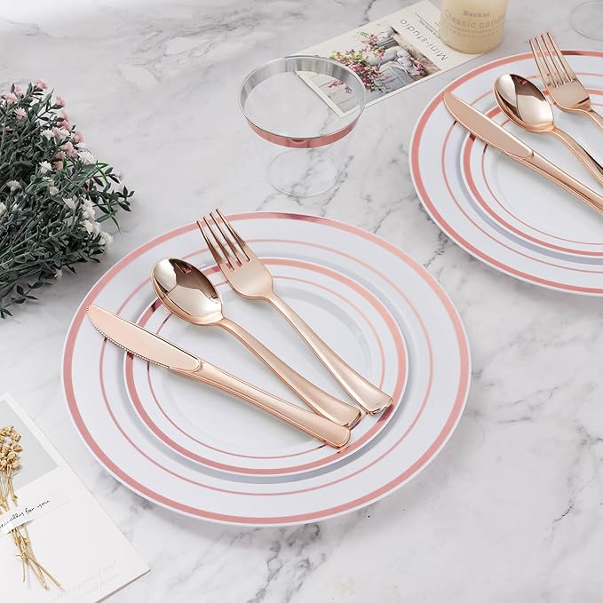 BESTVIP 450PCS Plastic Dinnerware Set (75 Guests), Rose Gold Disposable Plates for Party, Wedding, Christmas, Anniversary, Includes: Dinner Plates, Dessert Plates, Cups, Spoons, Forks and Knives