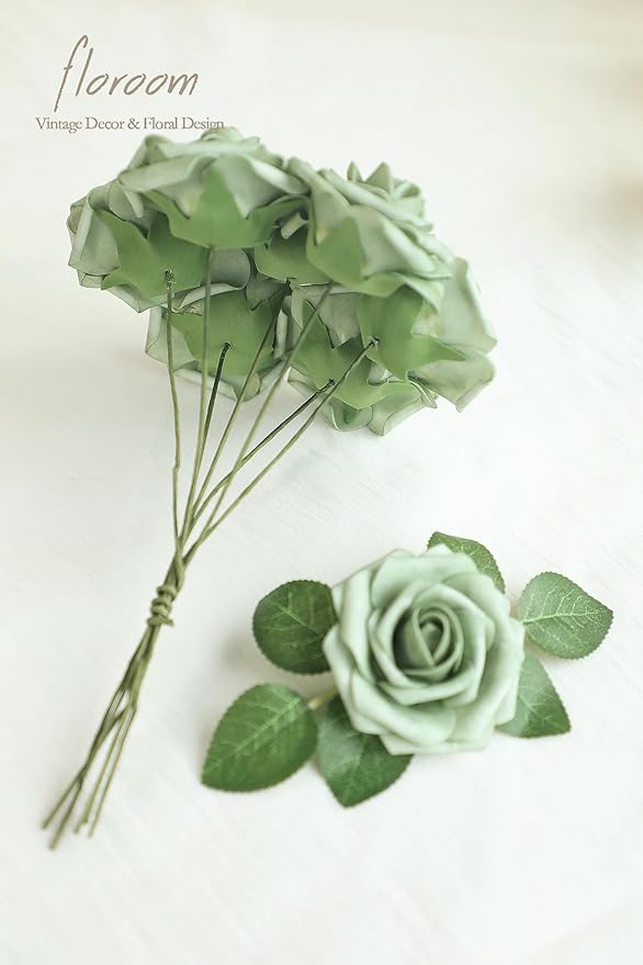 Floroom Artificial Flowers 50pcs Real Looking Elf Green Foam Fake Roses with Stems for DIY Wedding Bouquets Bridal Shower Centerpieces Sage Green Floral Arrangements Home Decorations