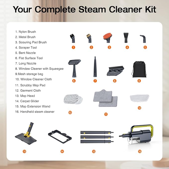 ScrubWiz 10-in-1 Steam Cleaner, Steam Mop & Handheld Steam Cleaner with 350ml Water Tank, 10s Fast Heating, 2 Steam Modes, Portable Steamer for Kitchen, Floor, Tile, Window, BBQ Grill, Car, Soft Gray