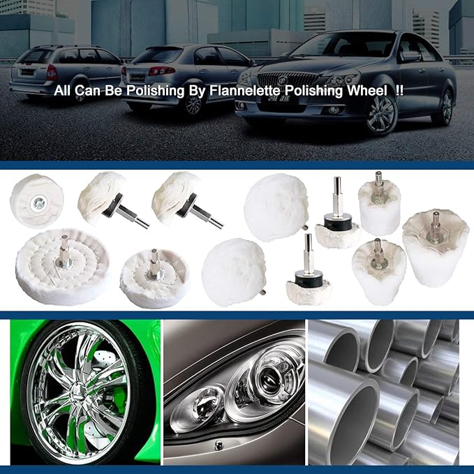 Polishing Pad Buffing Wheel Kit White Flannelette 12 Pack, for Drill for Metal Aluminum Stainless Steel Chrome Wood Plastic Ceramic Glass Woods Fabric Cotton Machine Jewelry etc