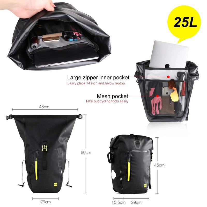 Rhinowalk Bike Pannier Bag 25L Waterproof Laptop Bicycle Rear Rack Bag Storage Saddle Bag Shoulder Bag Backpack