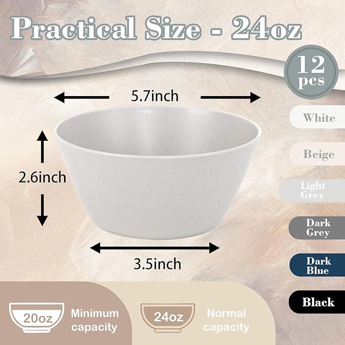 supernal 12PCS Light Grey Wheat Straw & Hard Plastic Bowls - Sturdy Reusable Soup Bowls for Hot Food,Unbreakable Bowl for Catering,Weddings,Holiday Meals (Disposable Lightweight Snack Bowl)