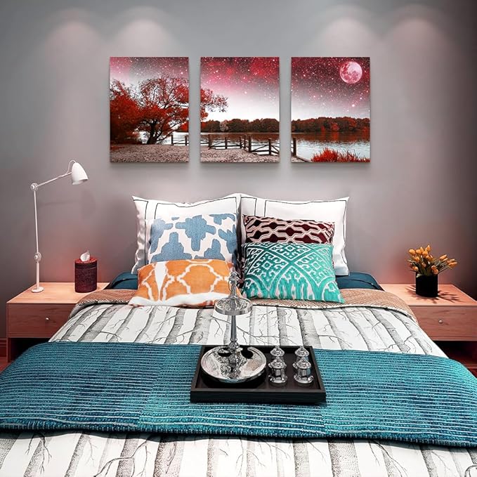 Wall Art Decor Poster Living Room Abstract Red Tree Moon Starry Sky Red Landscape Paintings Bathroom Wall Art Bedroom Canvas Prints Works 3 Pieces Picture Ready To Hang Office Home Decoration Artwork