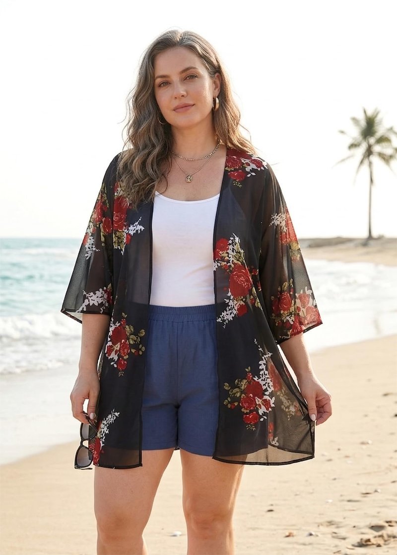 Women's Floral Kimono Print Puff Sleeve Loose Cardigan Cover Up Casual Blouse Summer Tops (Blue Yellow Floral, 2XL)