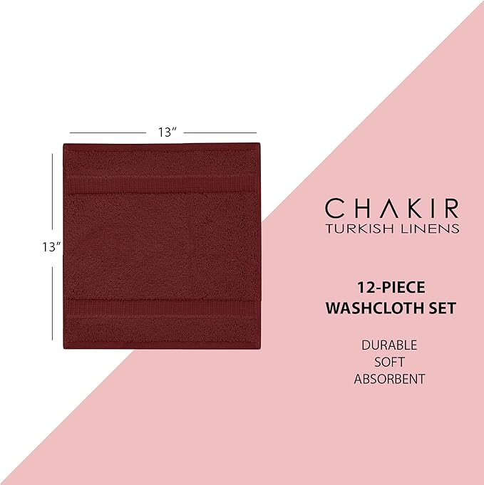 Chakir Turkish Linens | Hotel & Spa Quality 100% Cotton Premium Turkish Towels | Soft & Absorbent (12-Piece Washcloths, Cranberry)